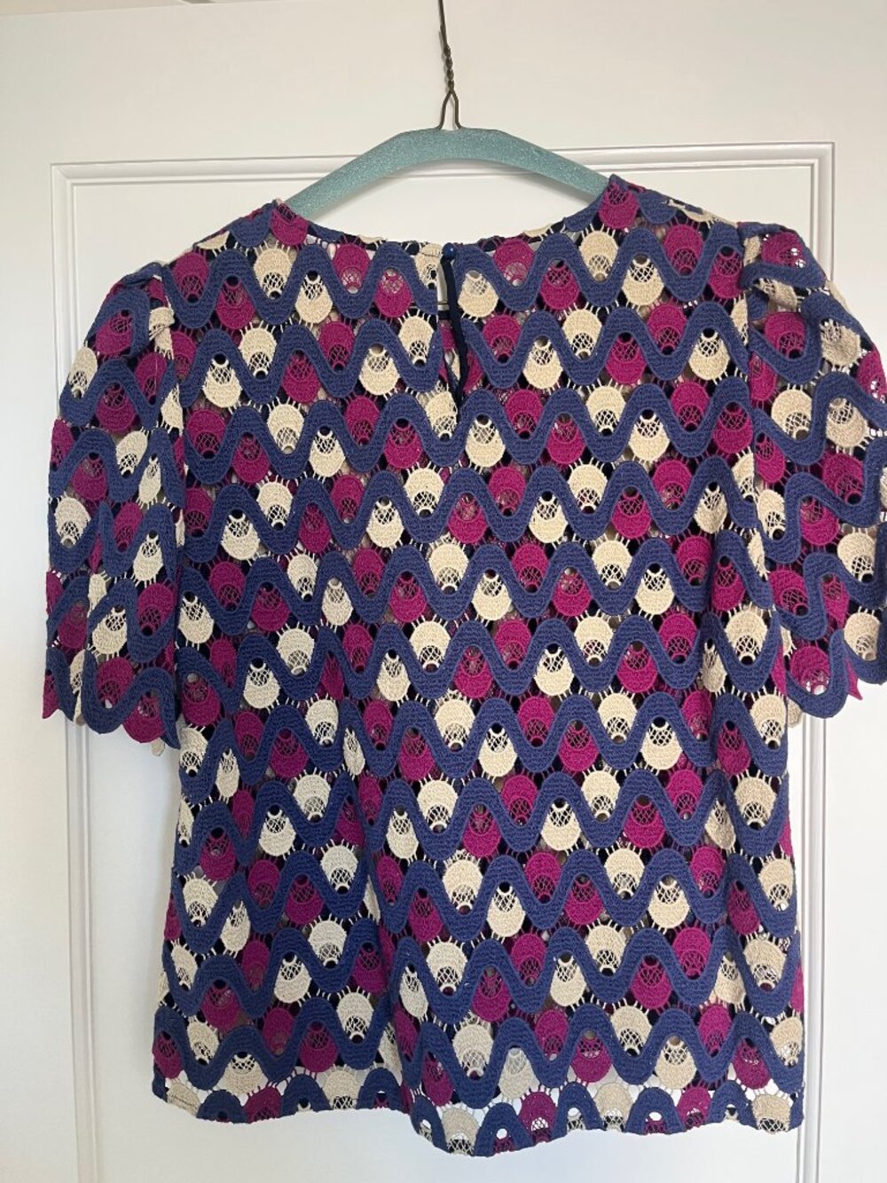 Sezane Multicolor Wave Lace Knit Top in Blue, Purple, Cream - Picture 4 of 6